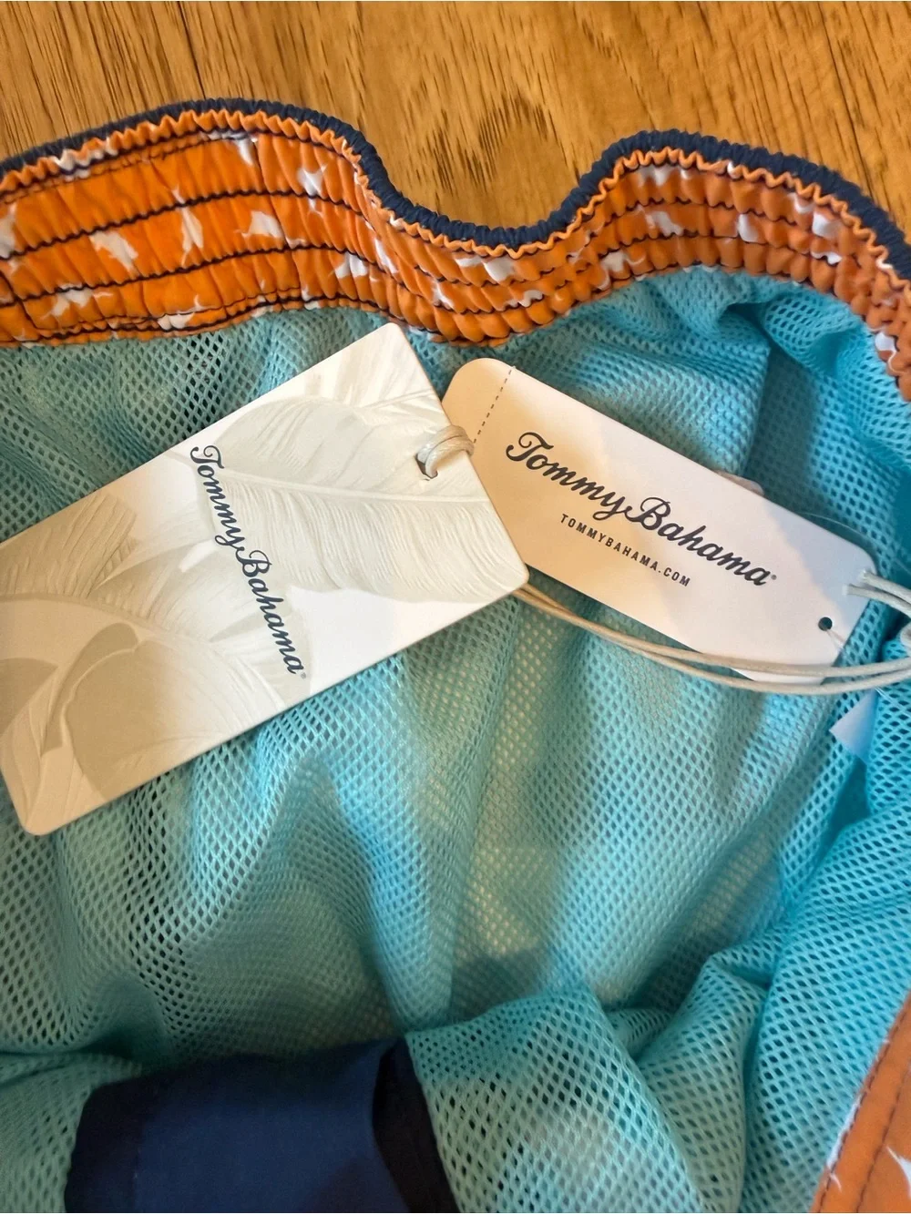 Tommy Bahama Navy Floral Swim Board Shorts with White Stripes